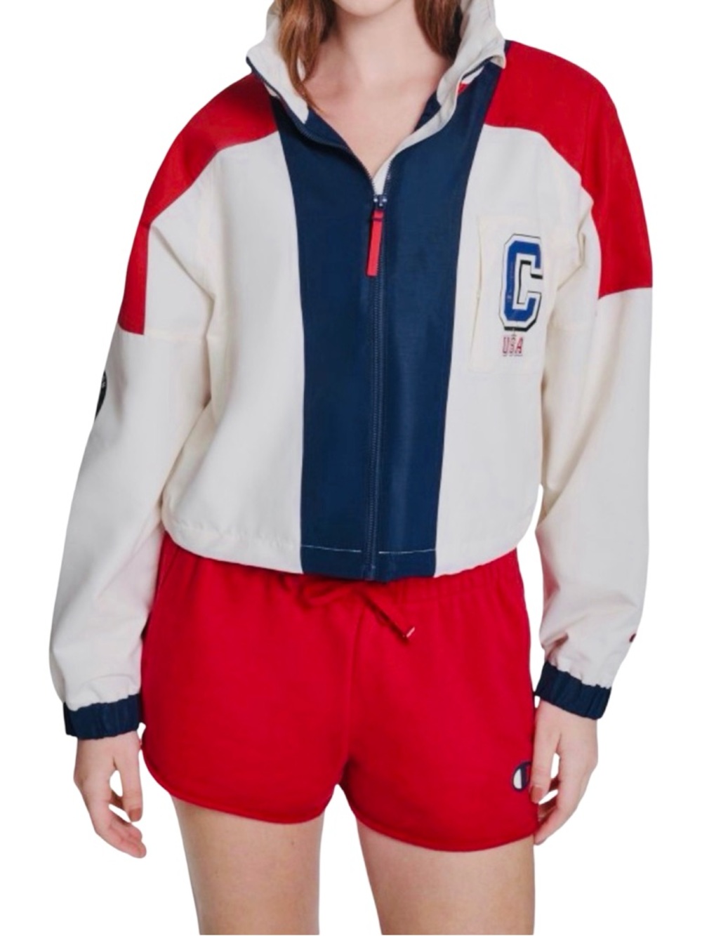 Champion Olympic Cropped Windbreaker Jacket - Size Small - Cream